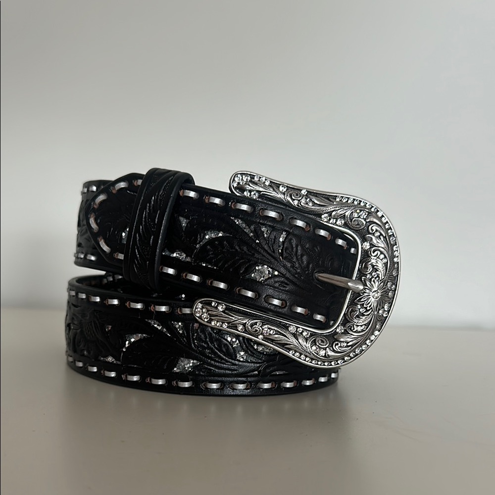 Black Leather Belt with Silver Buckle